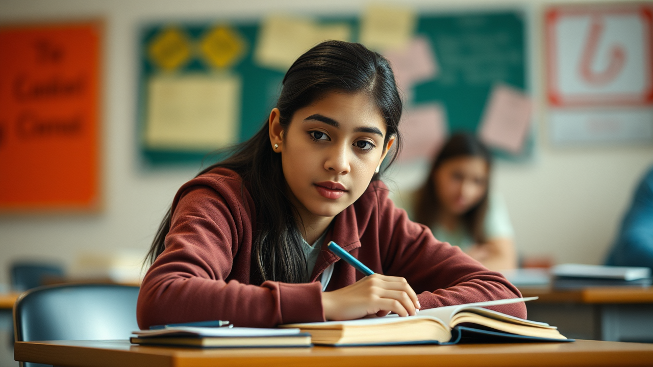 i NEED A PHOTO OF HISPANIC TEENAGE STUDENT SITTI..